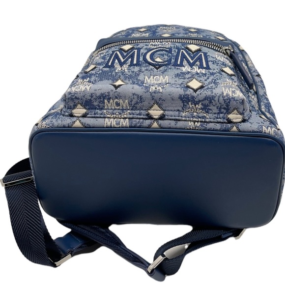 MCM New With Tags Logo Monogrammed Jacquard & Leather Blue Backpack - Picture 7 of 14